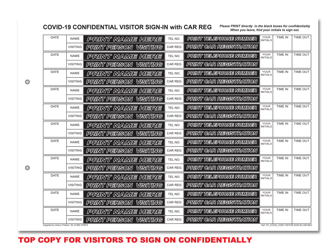 NCR Confidential Covid-19 Visitor Sign In CAR REG Ring Binder with 50 A4 Duplicate Sets