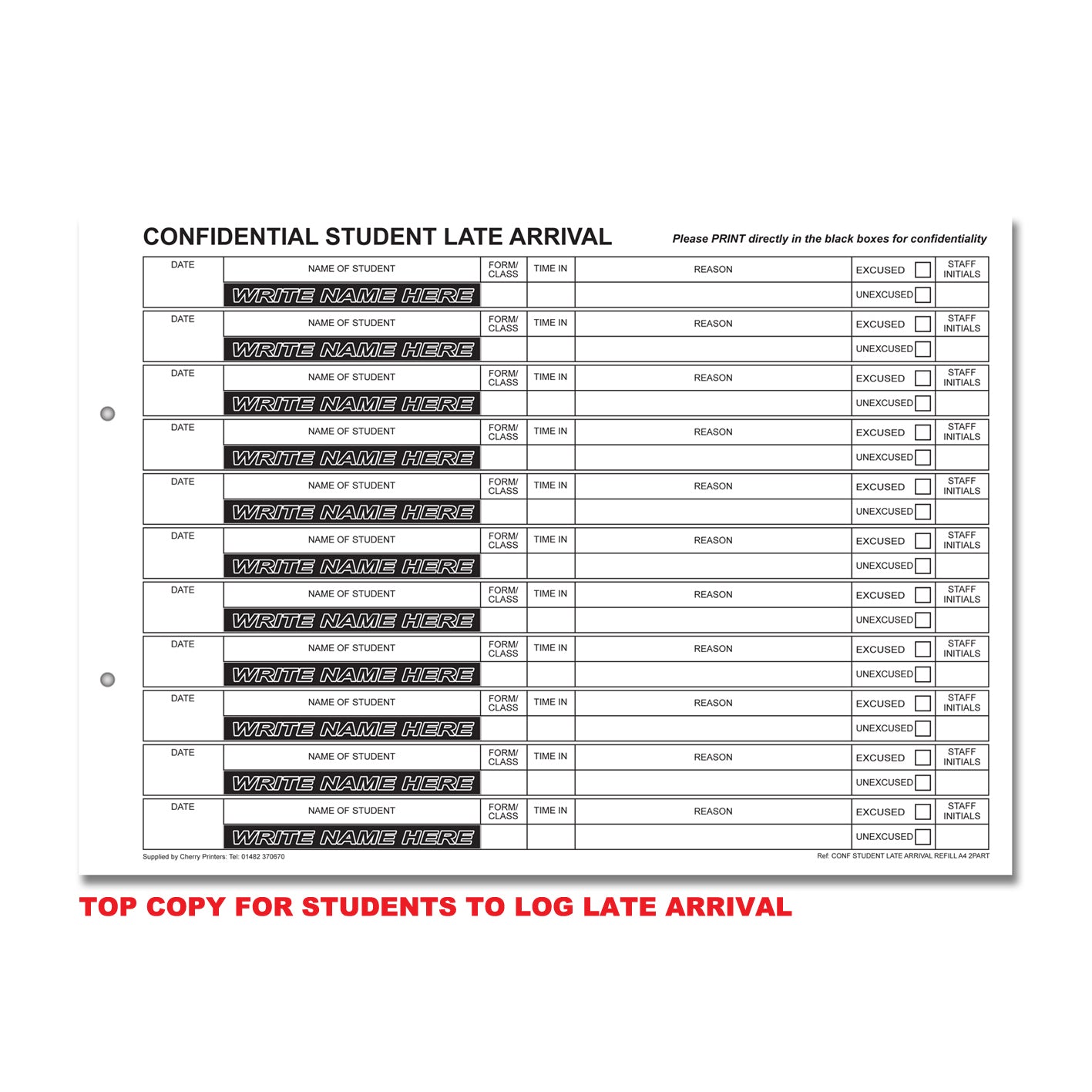 NCR Confidential Student Late Arrival Ring Binder with 50 A4 Duplicate Sets