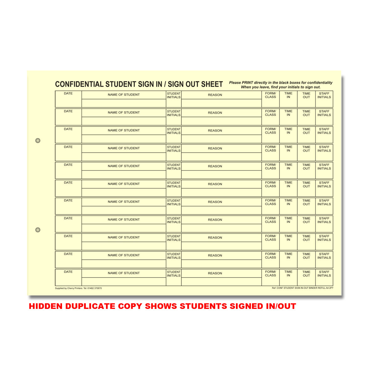 NCR Confidential Student Sign In/Out REFILL PACK 50 sets Duplicate A4
