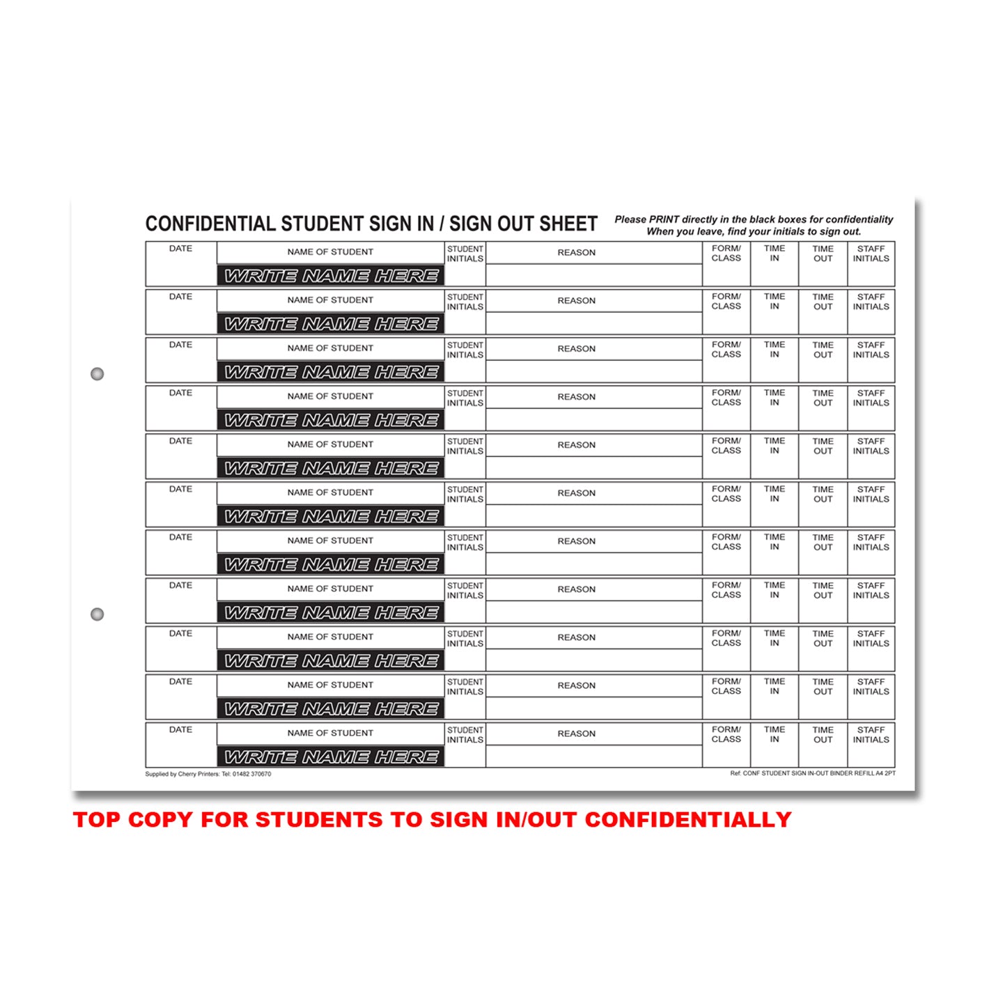 NCR Confidential Student Sign In/Out REFILL PACK 50 sets Duplicate A4