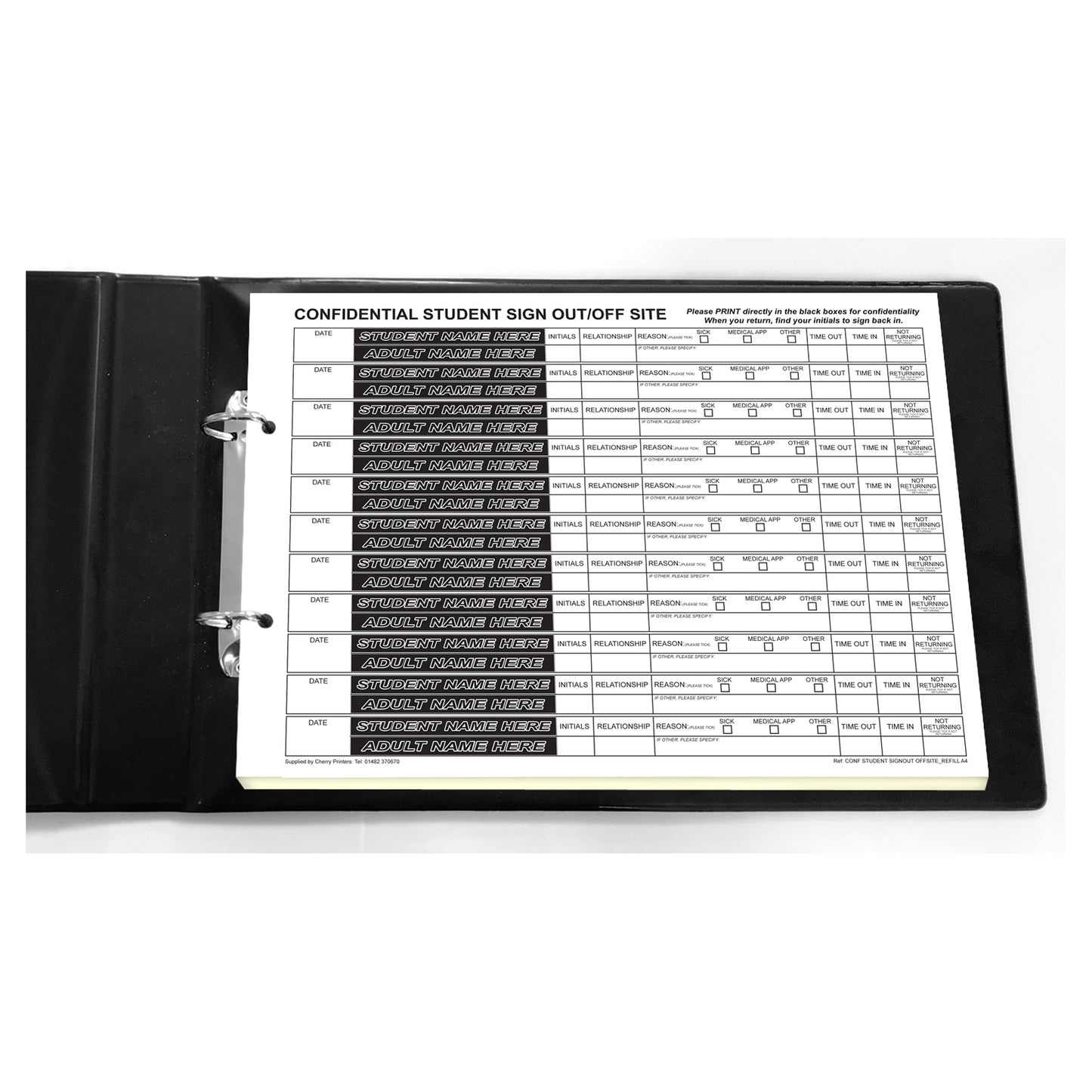 NCR Confidential Student Sign Out /Off Site Ring Binder with 50 A4 Duplicate