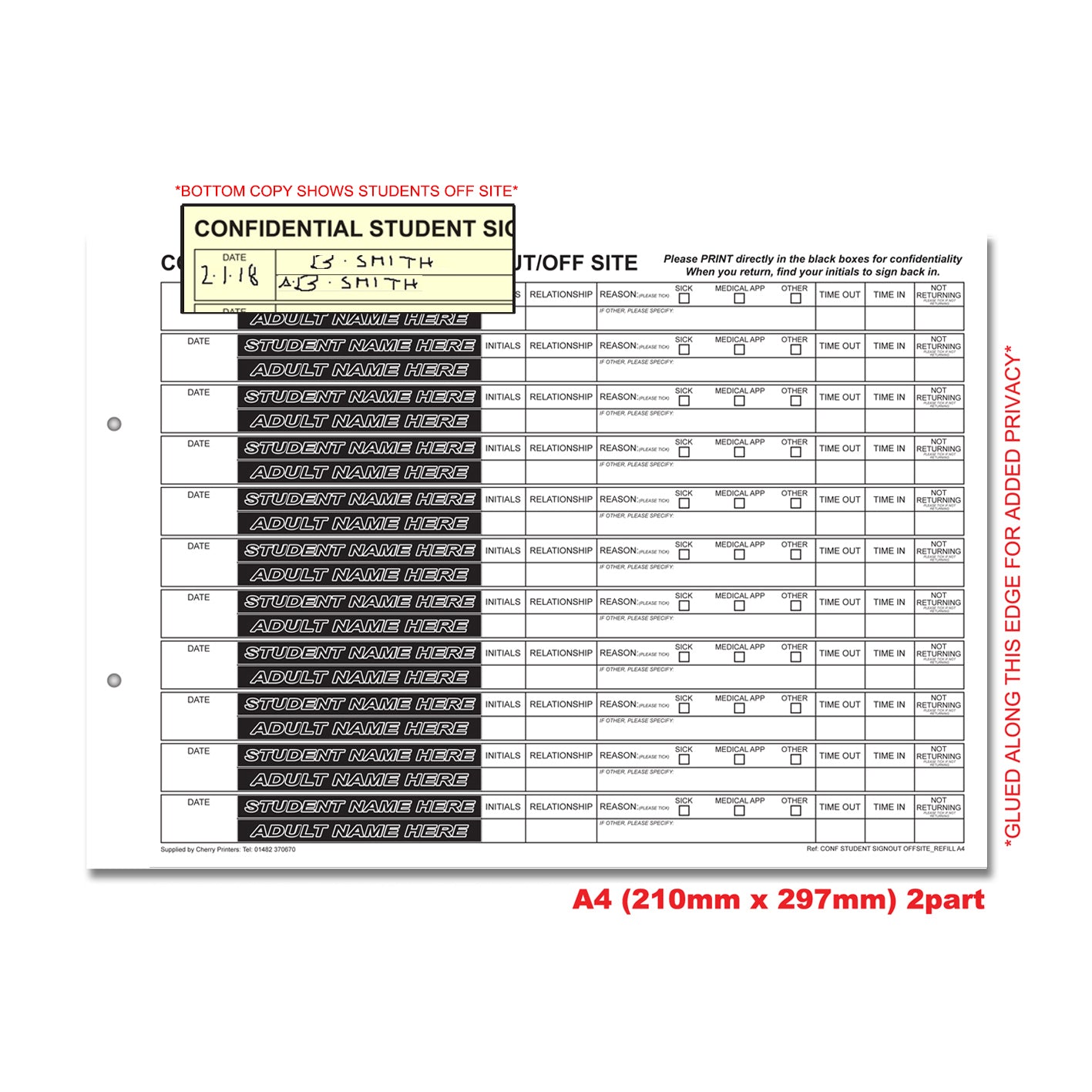 NCR Confidential Student Sign Out /Off Site Ring Binder with 50 A4 Duplicate