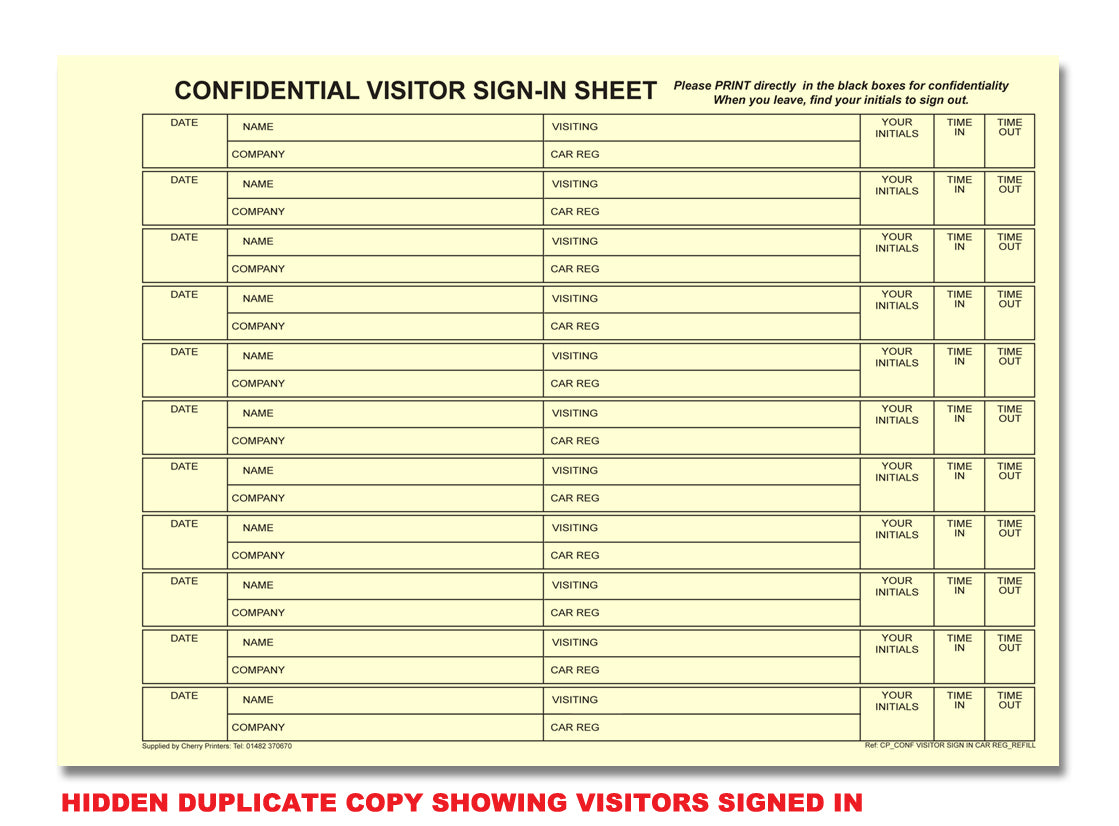 NCR Confidential Visitor Sign In CAR REG Ring Binder with 50 A4 Duplicate Sets