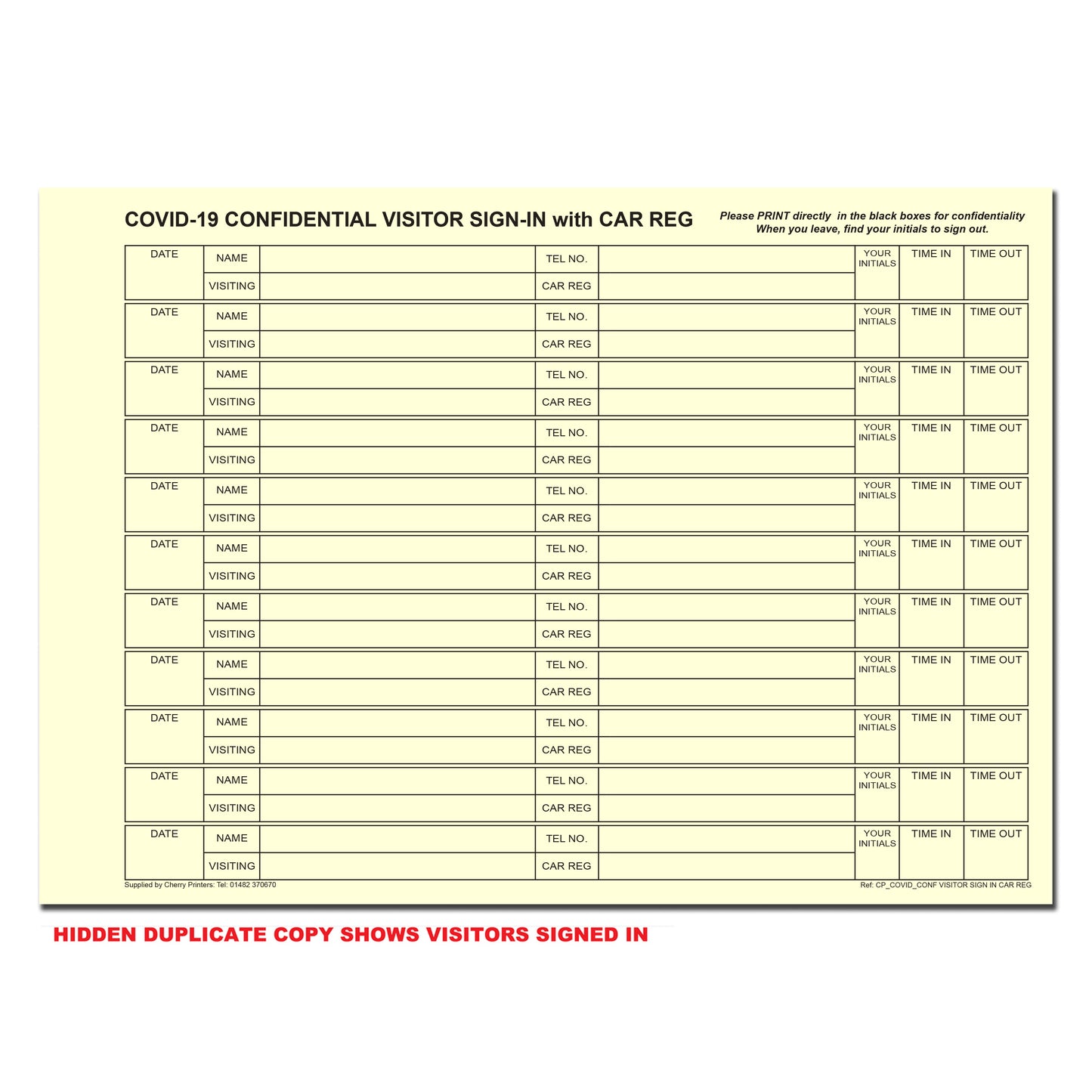 NCR Confidential Covid-19 Visitor Sign In CAR REG Ring Binder with 50 A4 Duplicate Sets