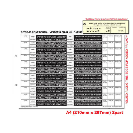 NCR Confidential Covid-19 Visitor Sign In with Car Reg REFILL PACK 50 sets of Duplicate A4