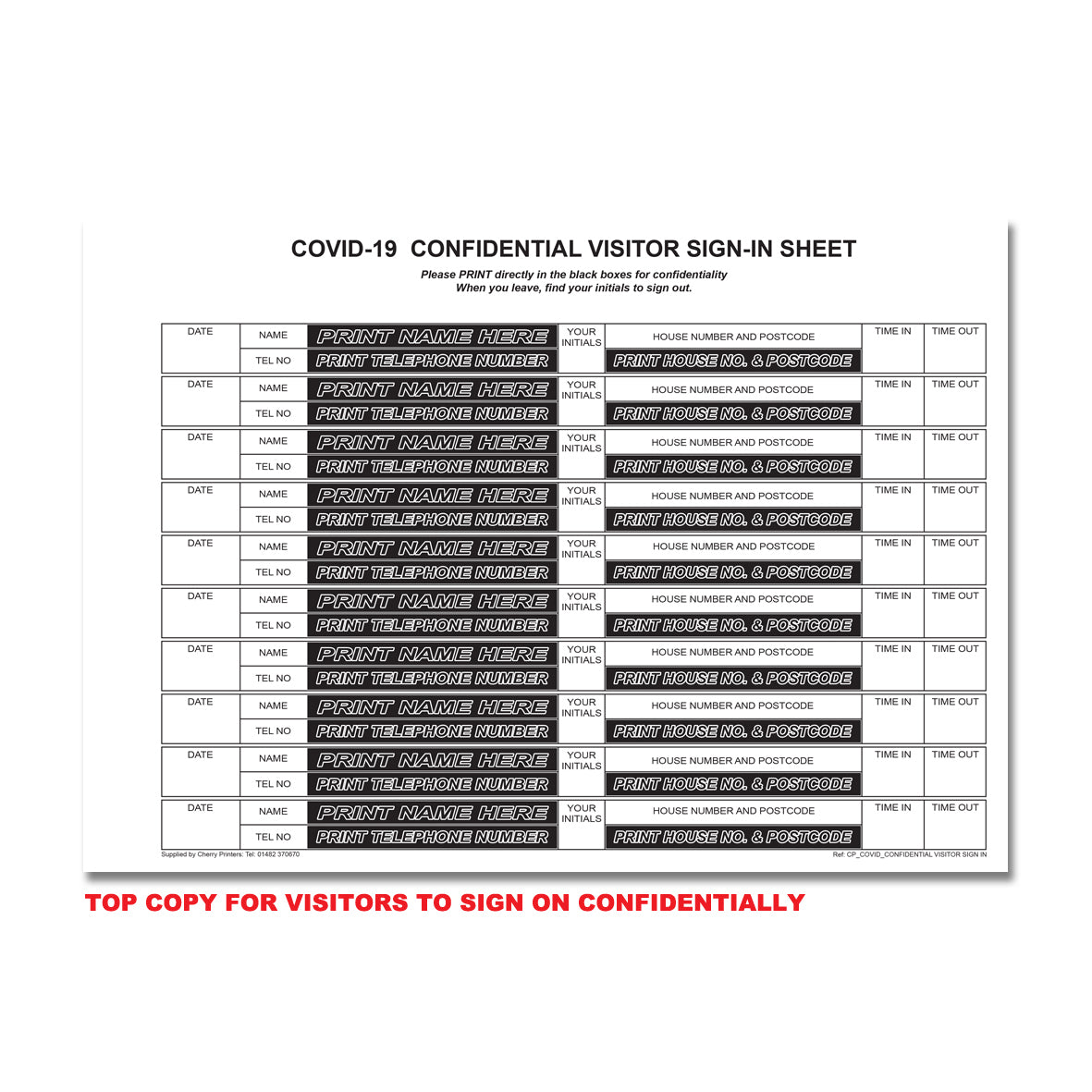 NCR Confidential Covid-19 Visitor Sign In REFILL PACK 50 sets of Duplicate A4
