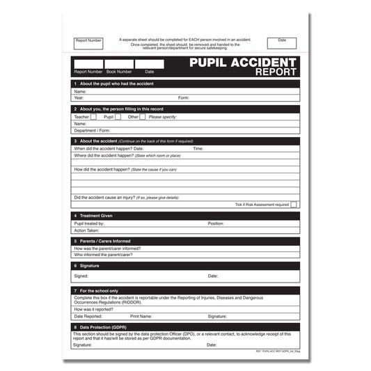 GDPR Pupil Accident Report Book A4 50 pages