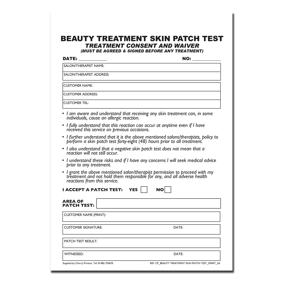 NCR Beauty Treatment Skin Patch Test Duplicate Book A5 50 sets