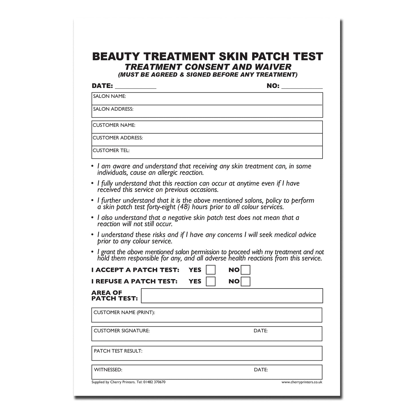 NCR Beauty Treatment Skin Patch Test Triplicate Book A5 50 sets
