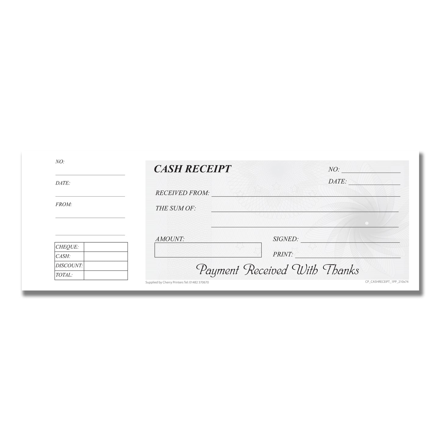 Cash Receipt Book - Cheque Book Style with stub 210mm x 74mm 50 pages