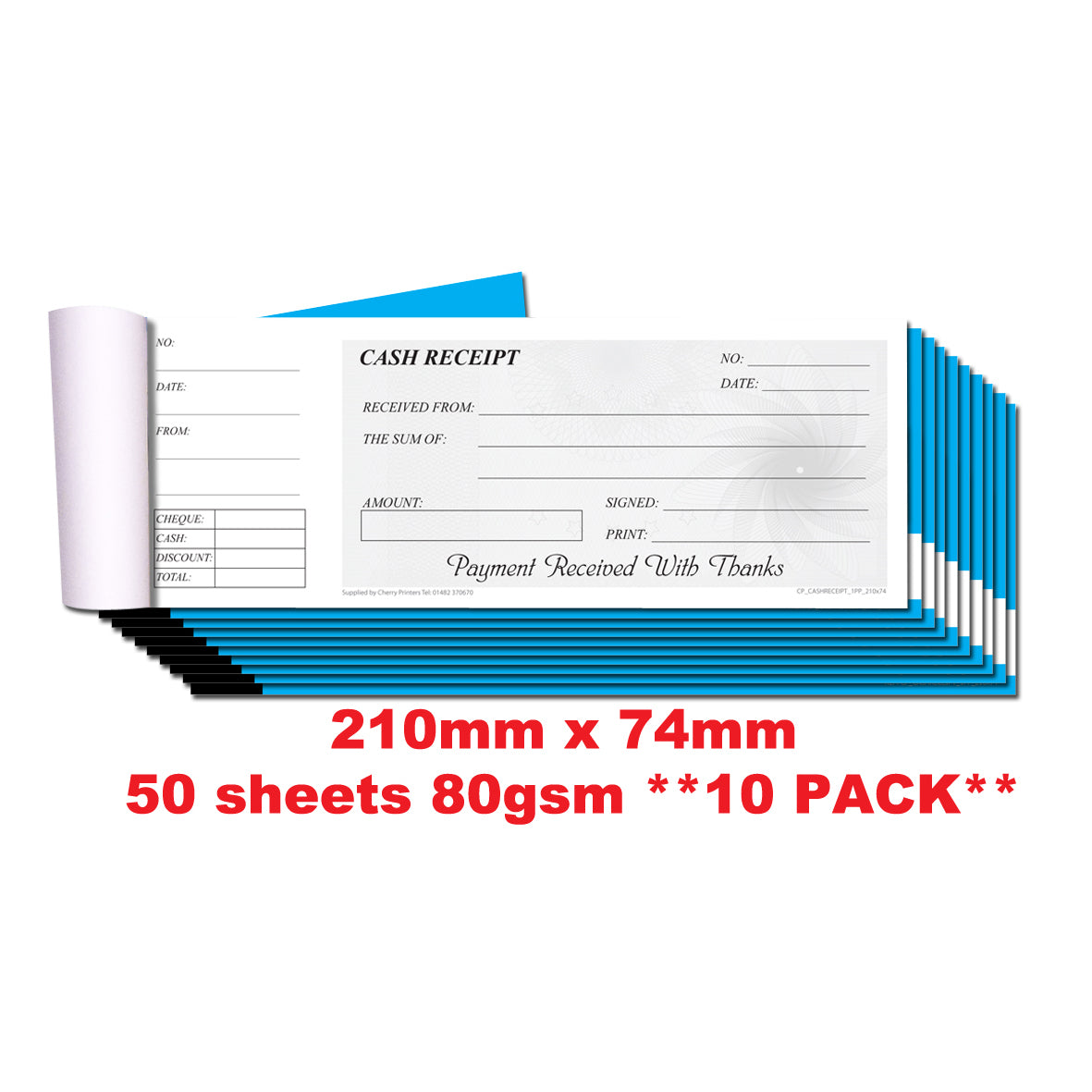 Cash Receipt Book - Cheque Book Style with stub 210mm x 74mm 50 pages