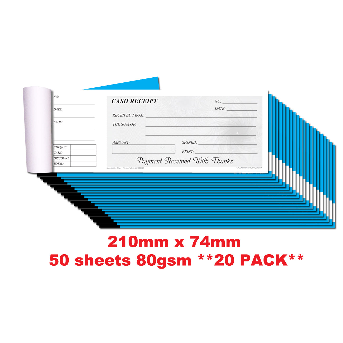 Cash Receipt Book - Cheque Book Style with stub 210mm x 74mm 50 pages