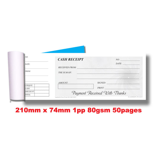 Cash Receipt Book - Cheque Book Style with stub 210mm x 74mm 50 pages