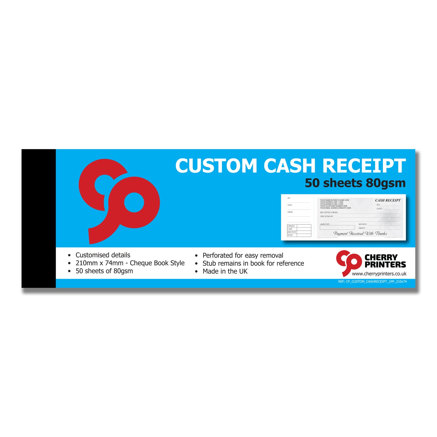*CUSTOM* Cash Receipt Cheque Book Style with Stub 210mmx74mm 80g 50 Pages| 8 Book Pack
