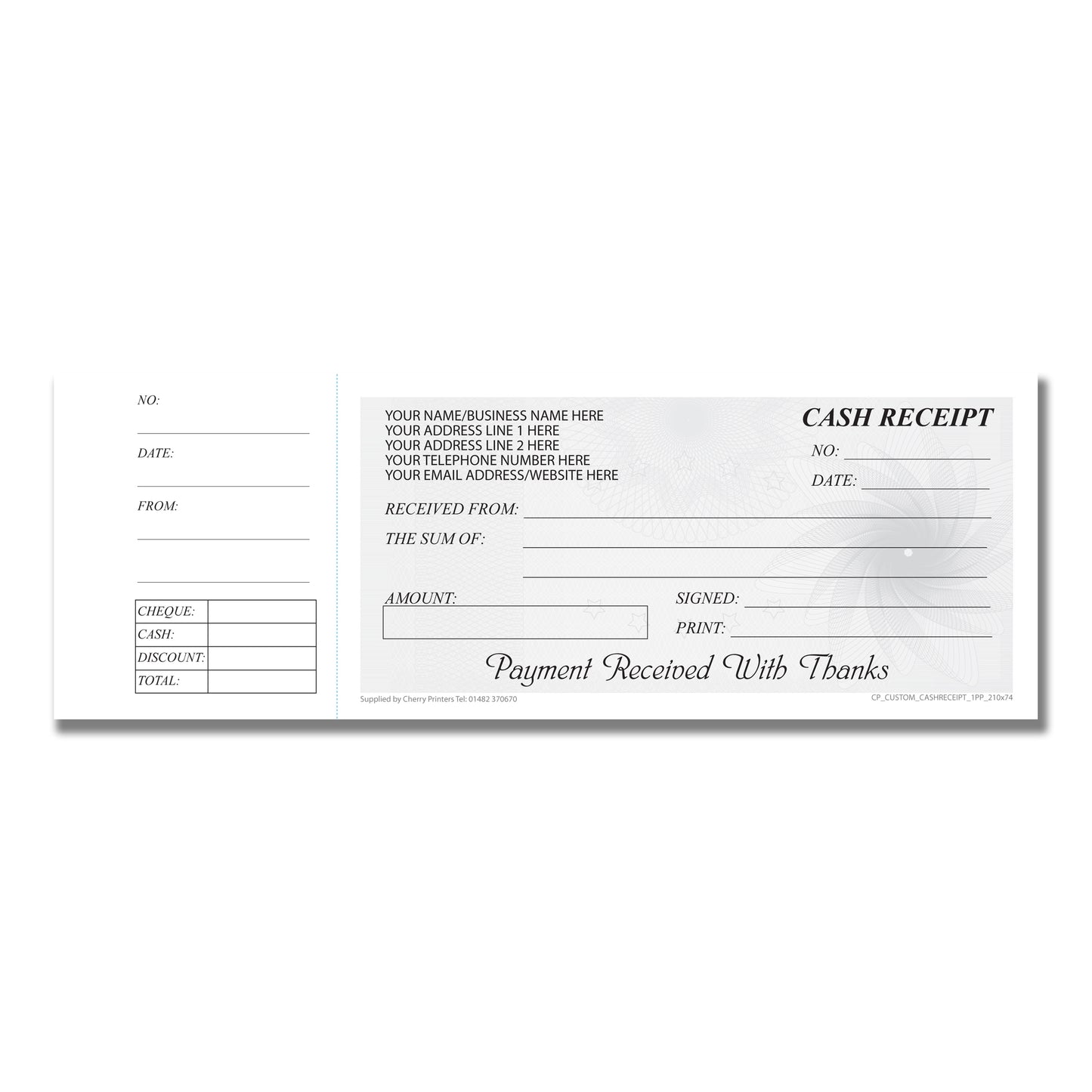Cheque Pack *CUSTOM* Cash Receipt Cheque Book Style with Stub 210mmx74mm 80g 50 Pa ...