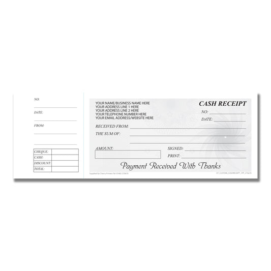 *CUSTOM* Cash Receipt Cheque Book Style with Stub 210mmx74mm 80g 50 Pages| 8 Book Pack