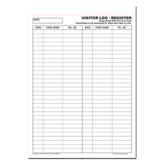 Covid-19 Besucherprotokoll/Register 100 Seiten A4 80gsm