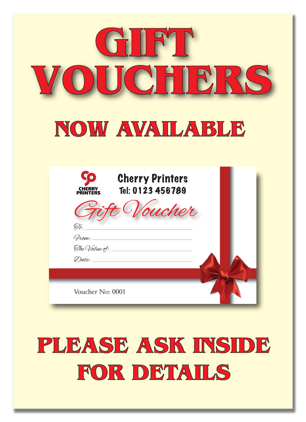 *CUSTOM* Red Bow Gift Voucher Book 99mm x 210mm with 2 FREE A4 POSTERS | 6 Book Pack