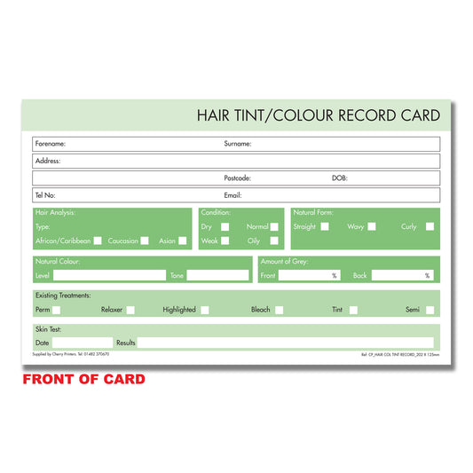 Hair Colour / Tint Record Card Pad 202mm x 125mm 50pages 350gsm