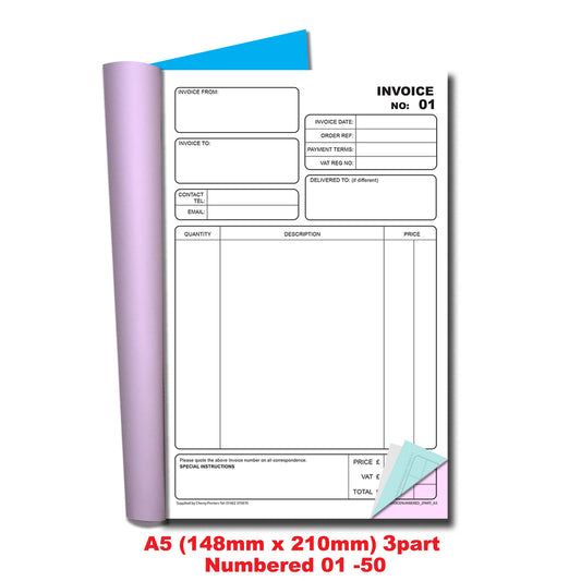 NCR Invoice Triplicate Book A5 Numbered 01-50