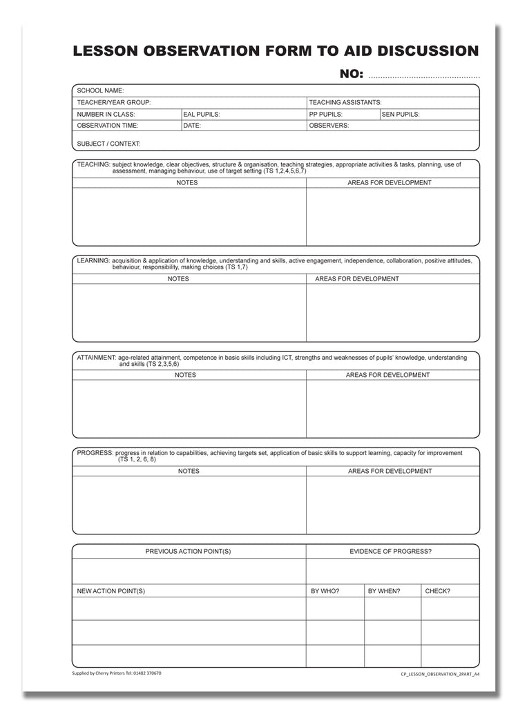 NCR Lesson Observation Duplicate Book A4 50 Sets – Cherry Printers UK