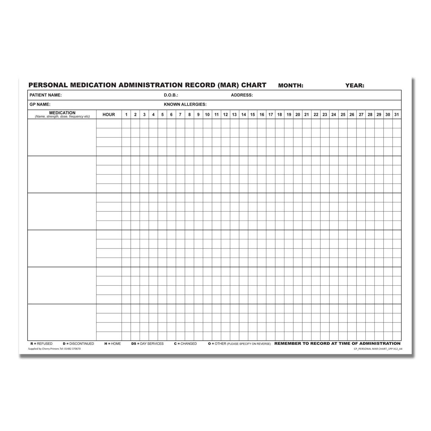 Persönliches MAR-Diagramm (Medikamentenverabreichungsprotokoll) Block A4 12 Seiten 350gsm