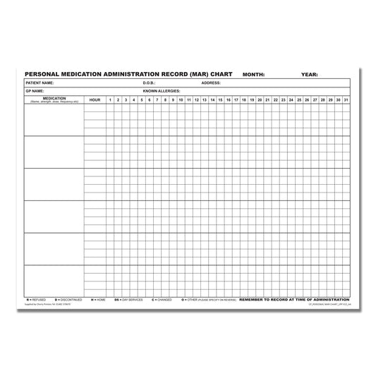 Persönliches MAR-Diagramm (Medikamentenverabreichungsprotokoll) Block A4 12 Seiten 350gsm