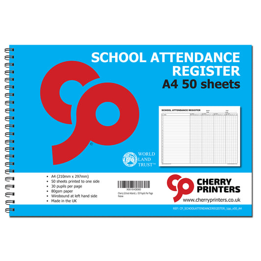 Schulen Anwesenheitsliste Buch 50 Seiten Wirobound A4 80gsm