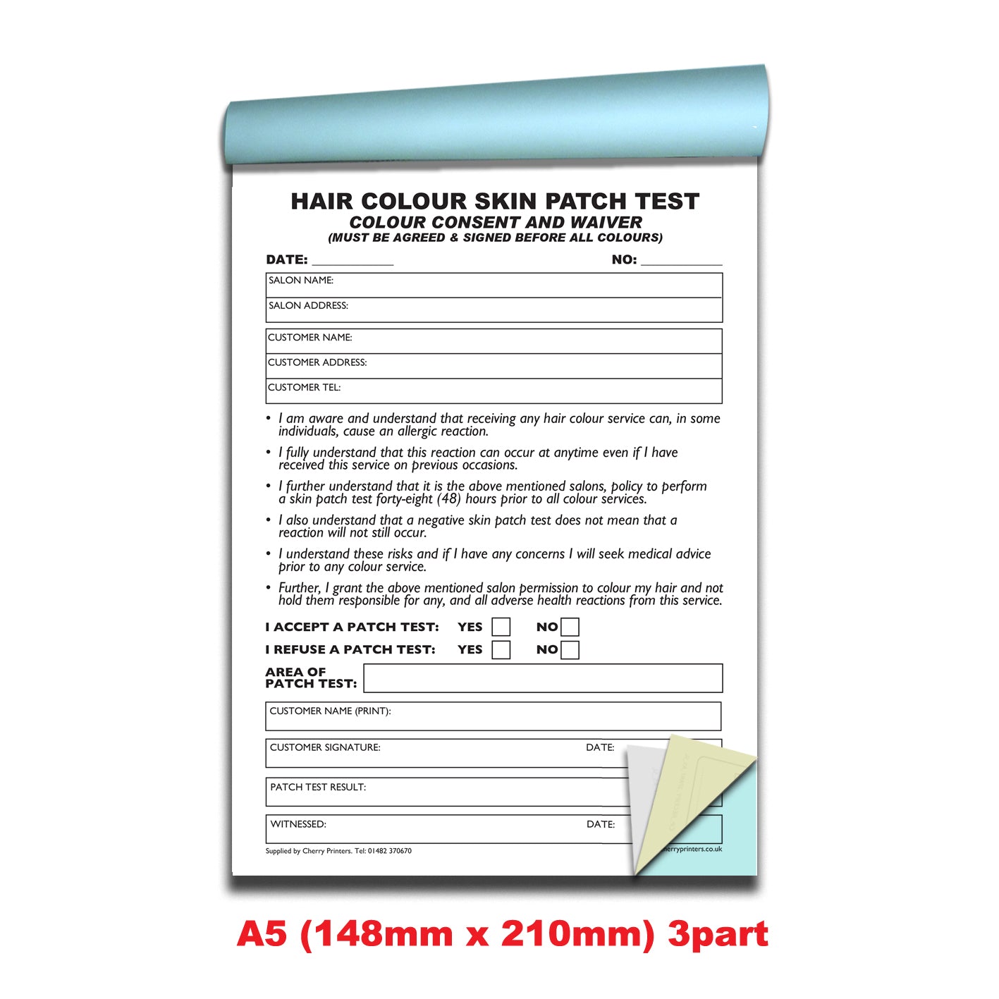 NCR Hair Colour Skin Patch Test Triplicate Book A5 50 sets