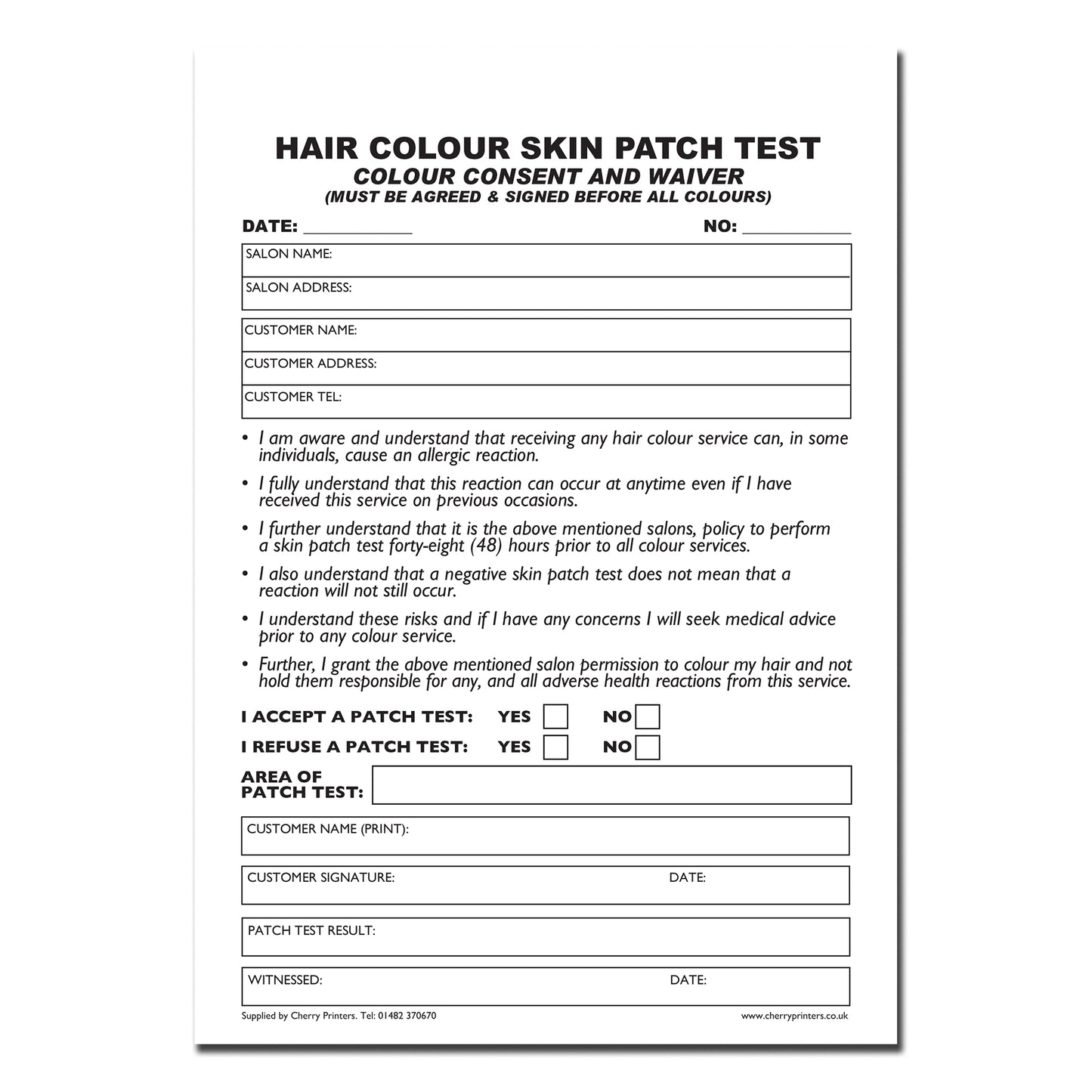 NCR Haarfarbe Haut Patch Test Duplikat Buch A5 50 Sätze