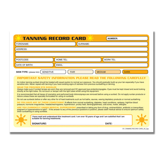 Tanning  Record Card Pad A5 50pages 350gsm