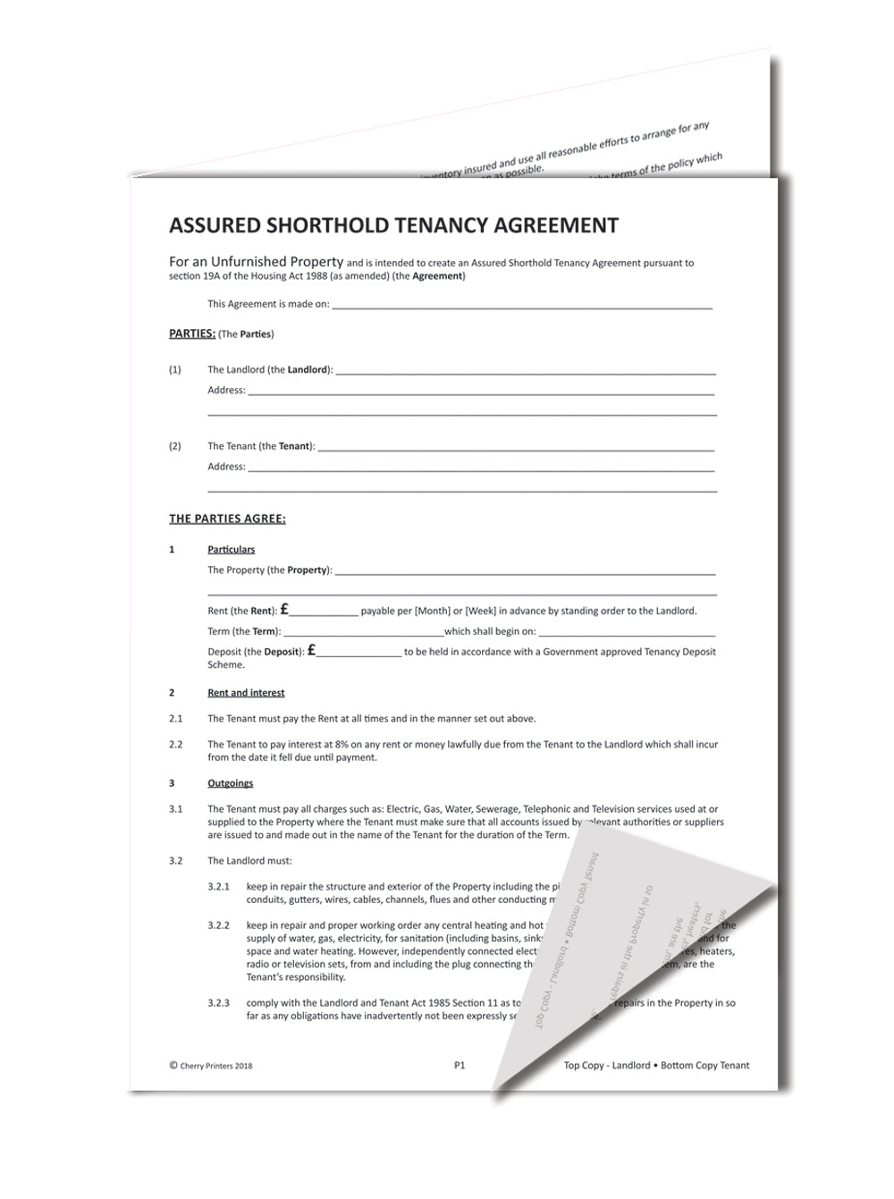 NCR Assured Shorthold Tenancy Agreement for Unfurnished Property (England & Wales) Carbonless Duplicate Sets 2part A4 4pp