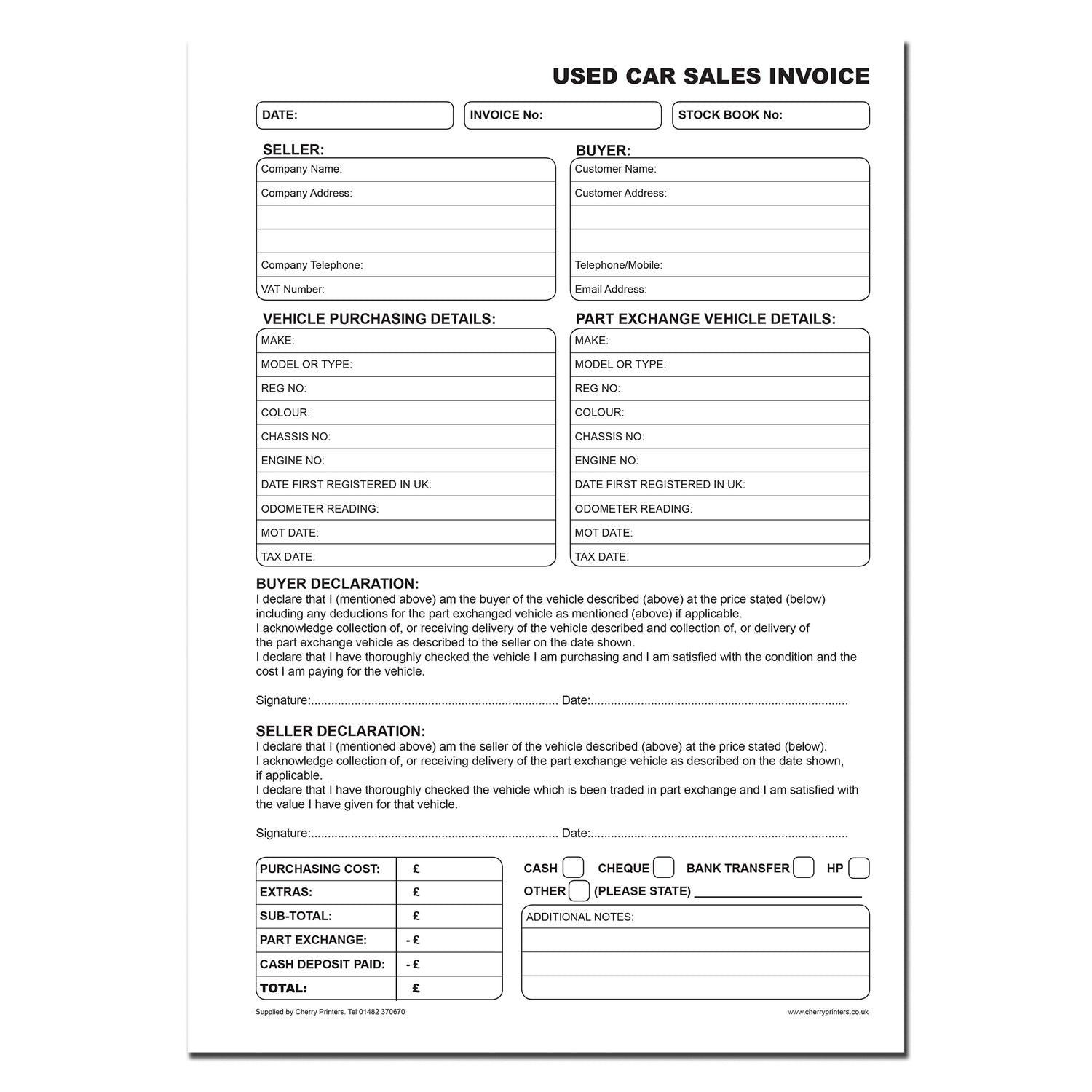 NCR Used Car Sales Invoice Book A4 Duplicate – Cherry Printers UK