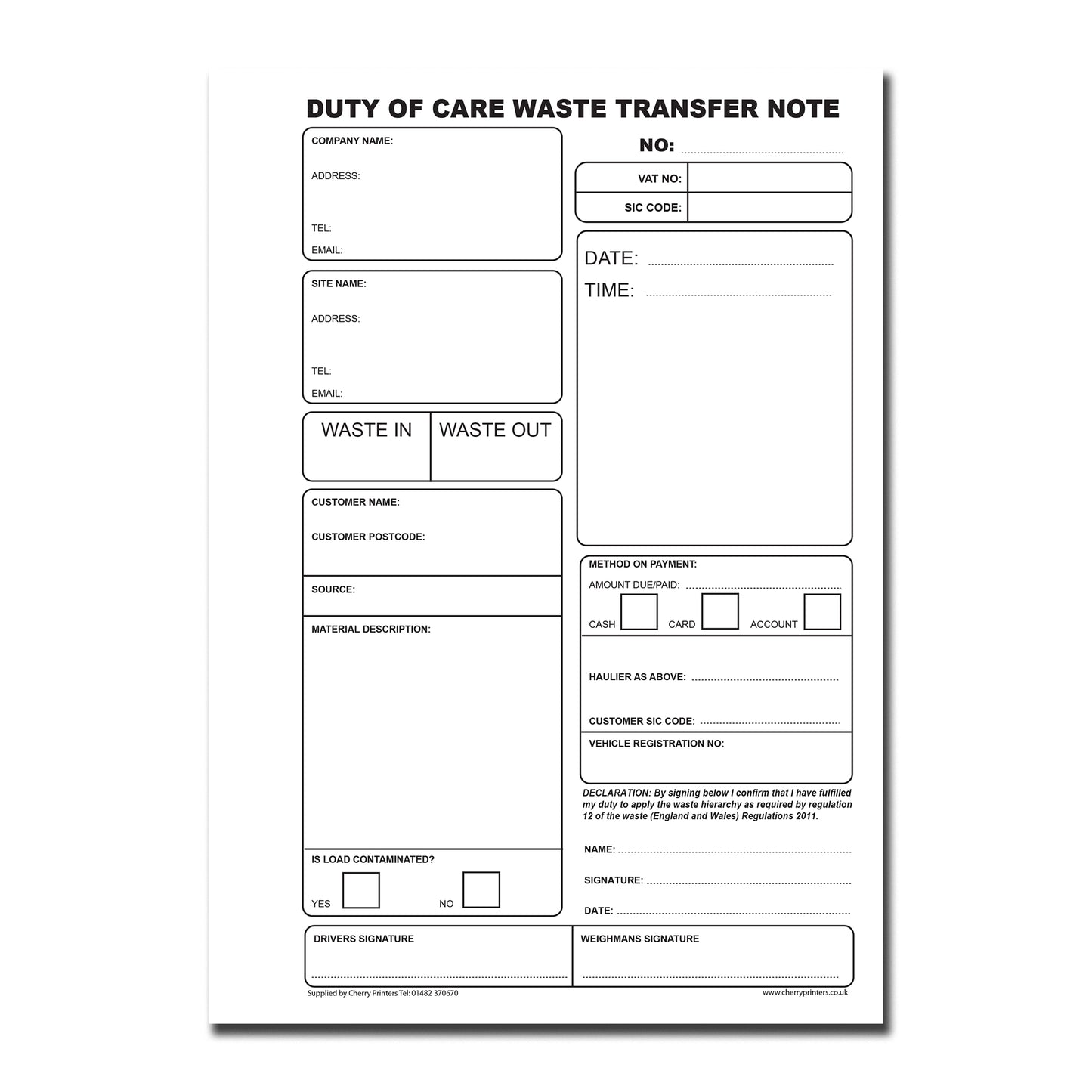 NCR Waste Transfer Book A5 Duplicate