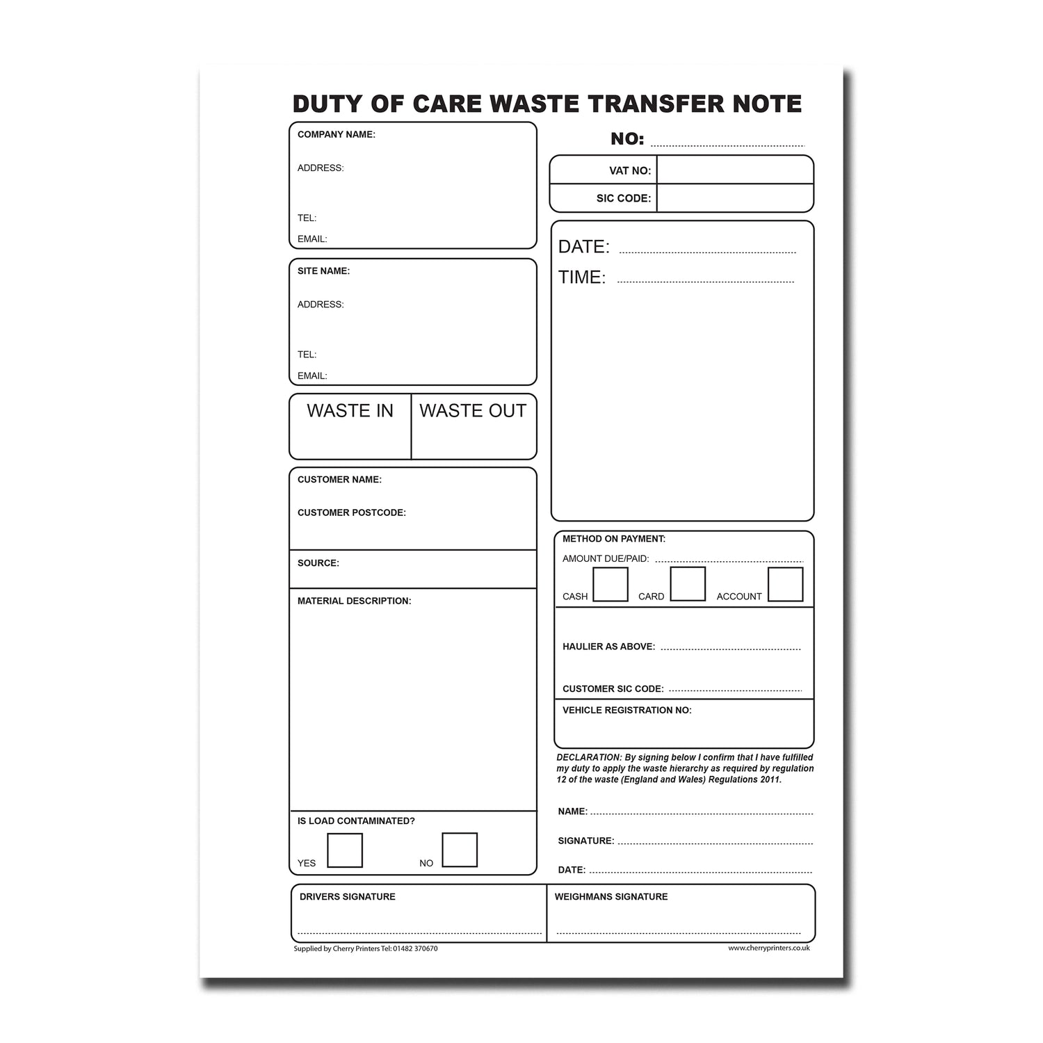 NCR Waste Transfer Book A5 Duplicate – Cherry Printers UK