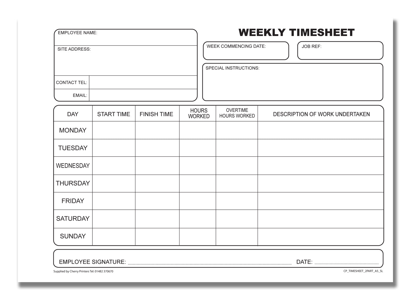 NCR Weekly Timesheet Book A5 Duplicate S+L 40 sets per book