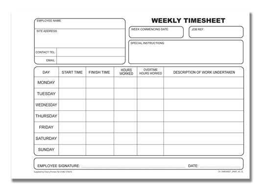 NCR Weekly Timesheet Book A5 Duplicate S+L 40 sets per book