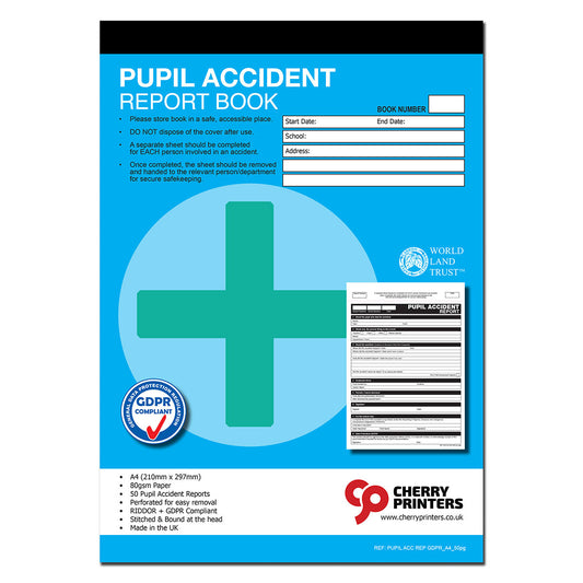 GDPR Pupil Accident Report Book A4 50 pages