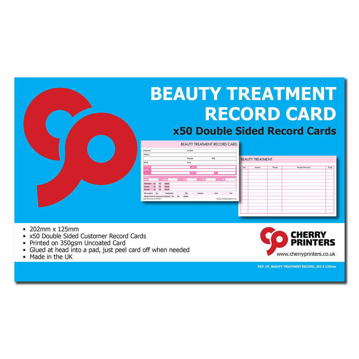 Beauty Treatment Record / Medical Card Pad 202mm x 125mm 50pages 350gsm