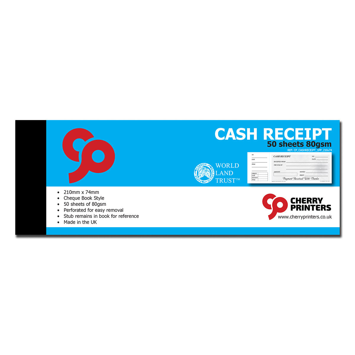 Cash Receipt Book - Cheque Book Style with stub 210mm x 74mm 50 pages