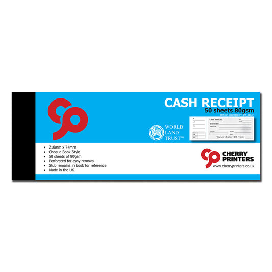 Cash Receipt Book - Cheque Book Style with stub 210mm x 74mm 50 pages