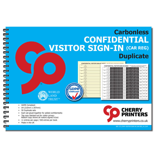 NCR Confidential Visitor Sign In (mit Car Reg) Duplicate Wiro Book A4 GDPR