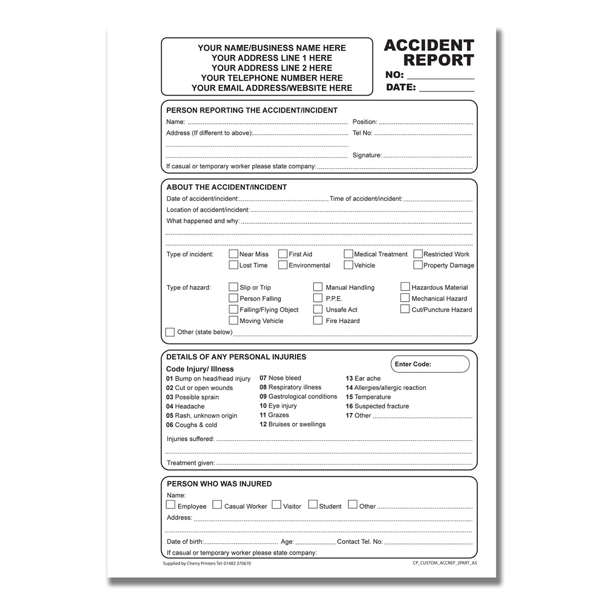 NCR *CUSTOM* Accident Report Duplicate Book A5 | 4 Book Pack
