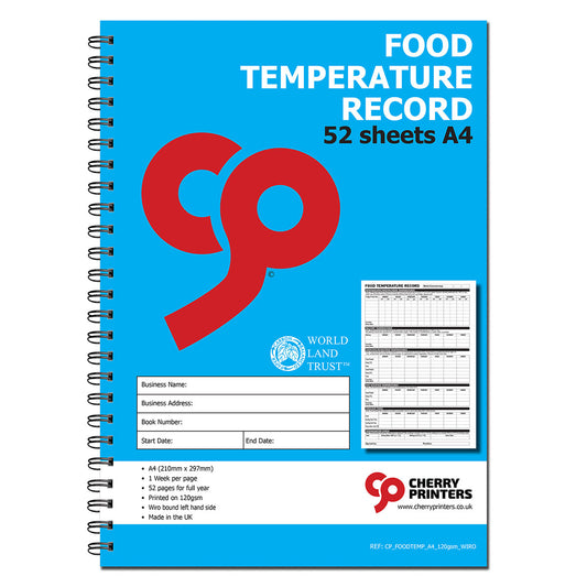 Food Temperature Record Book A4 52Pages 120gsm Wirobound
