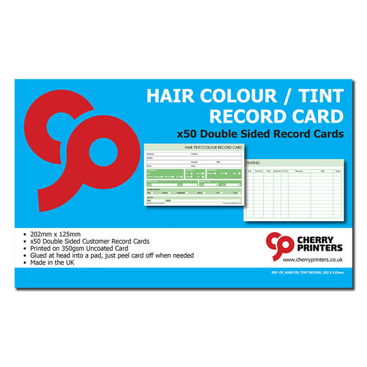 Hair Colour / Tint Record Card Pad 202mm x 125mm 50pages 350gsm