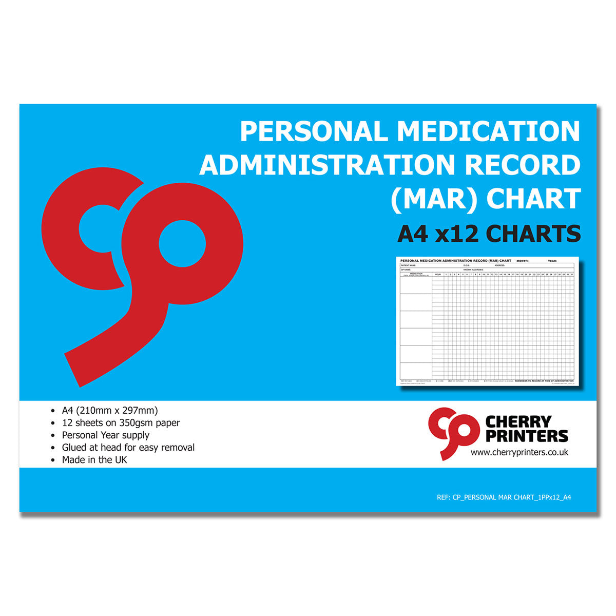 Personal MAR Chart (Medication Administration Record) Pad A4 12pages 350gsm