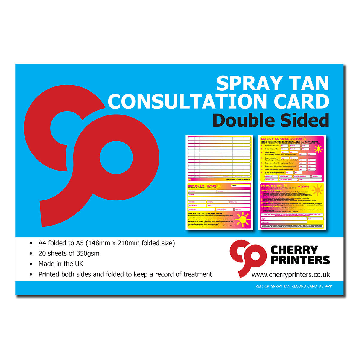 Spray Tan Consultation Record Card A5 4pp x20 350gsm