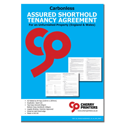 NCR Assured Shorthold Tenancy Agreement for Unfurnished Property (England & Wales) Carbonless Duplicate Sets 2part A4 4pp