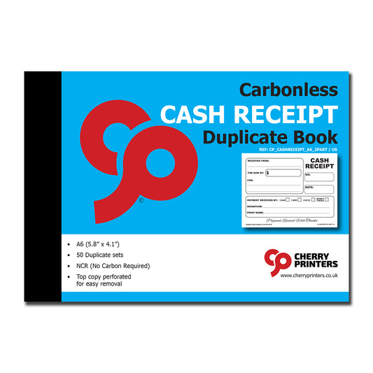 US Cash Receipt | Duplicate Book | 2 part | Carbonless | 50 Sets Per Book | A6 - 5.8" x 4.1"