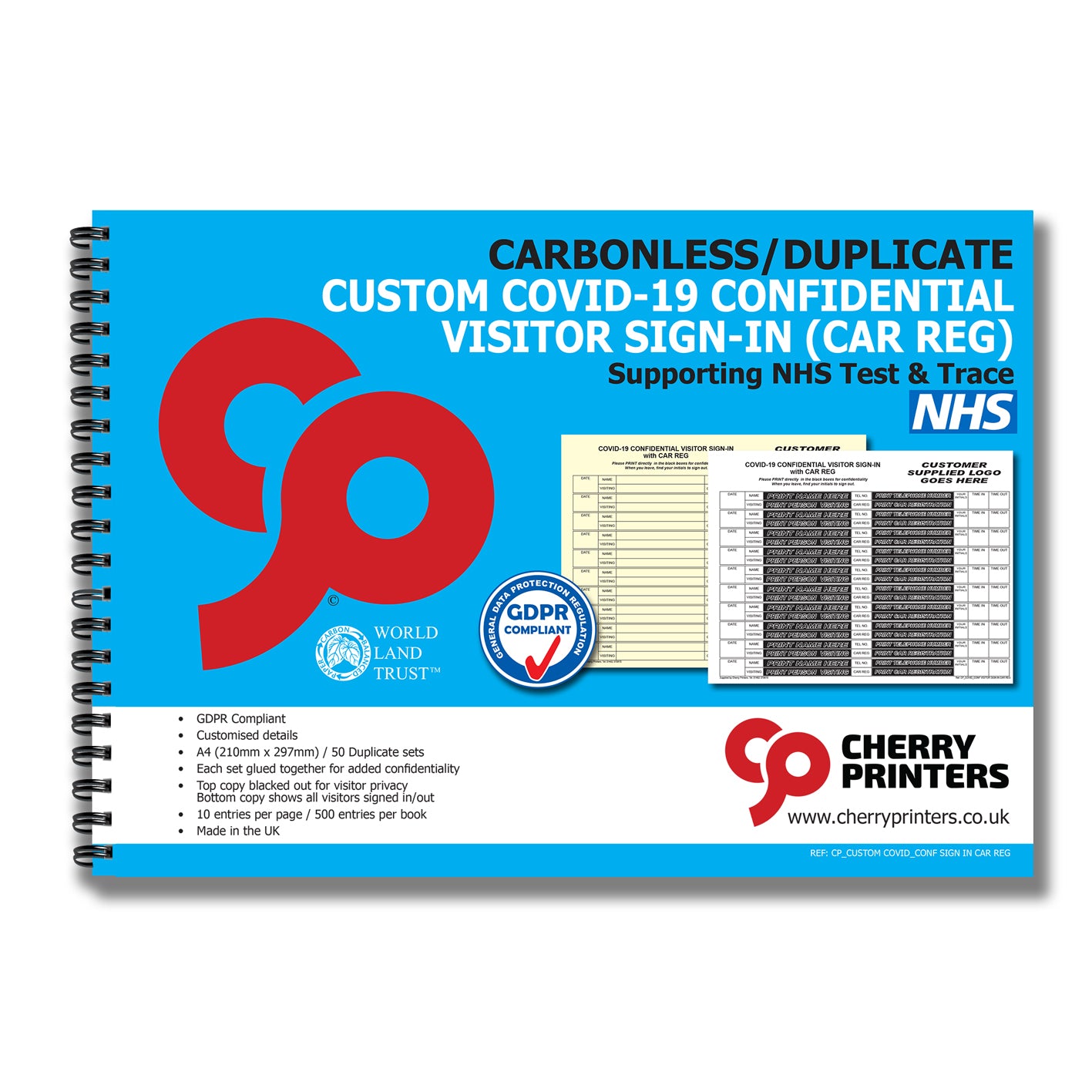 NCR *CUSTOM* Covid Confidential Visitor Sign in with Car Reg Duplicate Wiro Book A4 50 sets GDPR | 2 Book Pack